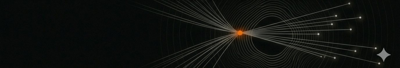Threads from many directions converge into one bright point and fan back out to connected nodes — different teams, one shared pattern.